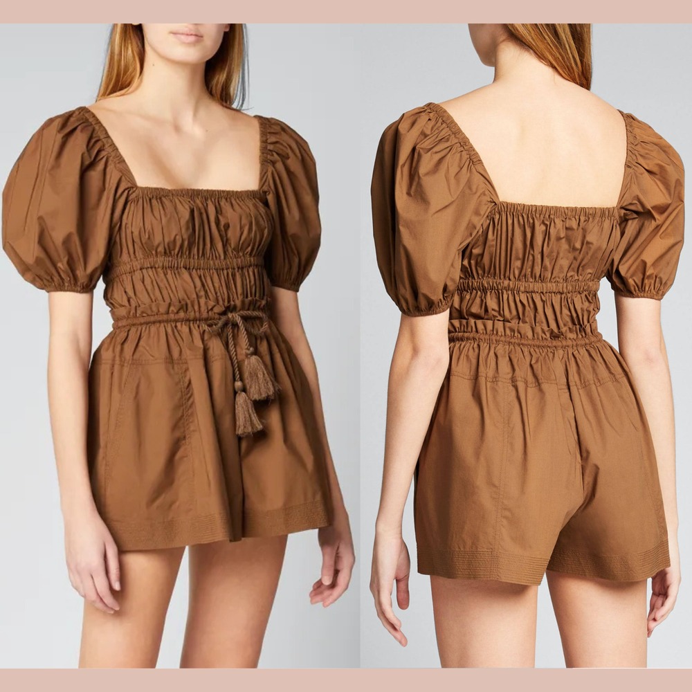 NEW Ulla Johnson [ 12 ] Alegria Smocked Square-Neck Romper ‎ Desert Palm U1442
